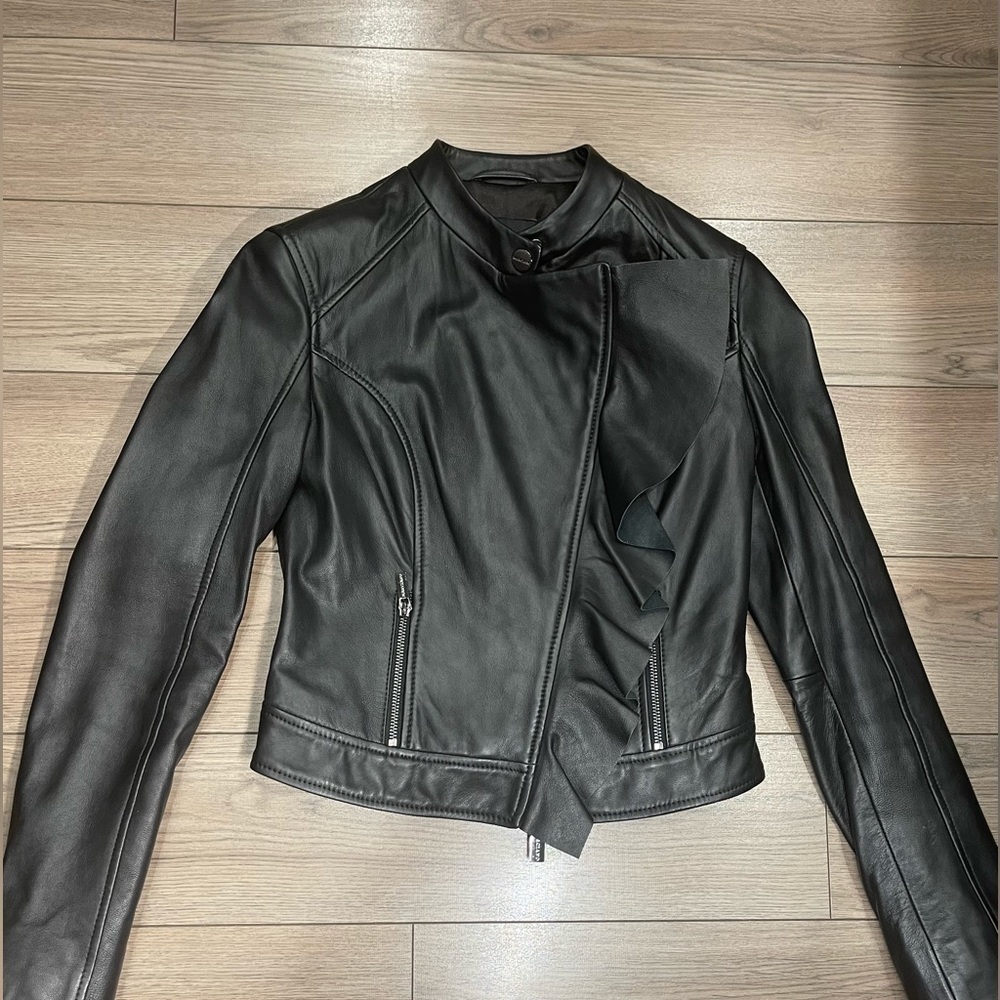 MARCIANO Daniel Moto-Zip Ruffle Leather Jacket - Picture 2 of 13